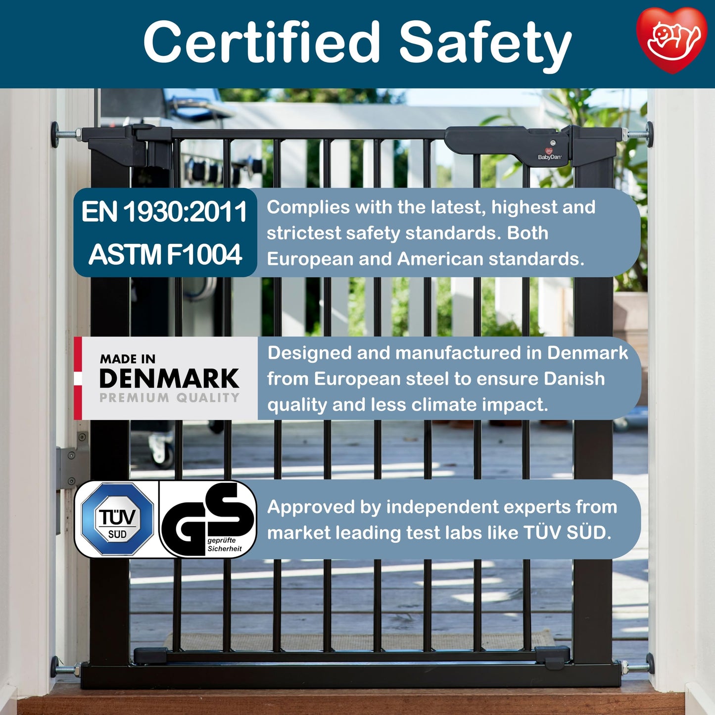 BabyDan Premier, Pressure Fit Stair Gate, 73.5-93.3 cm, Baby Gate/Safety Gate, Metal, Black, Made in Denmark - (Pet Gate/Dog gate)