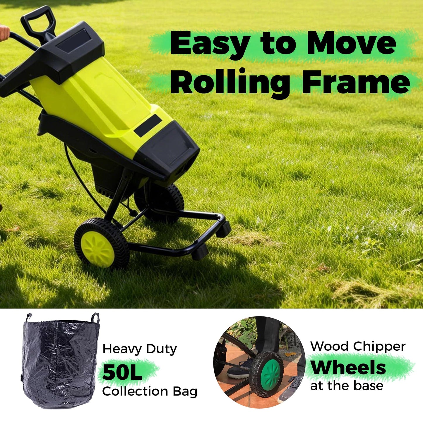 ZHDANB Wood Shredder, Mulching Machine, 40mm/1,57in Branch Chipper, 50L Collection Bag, Home Garden Shredder Electric, for Processing Branches, Sticks & Yard Waste Green