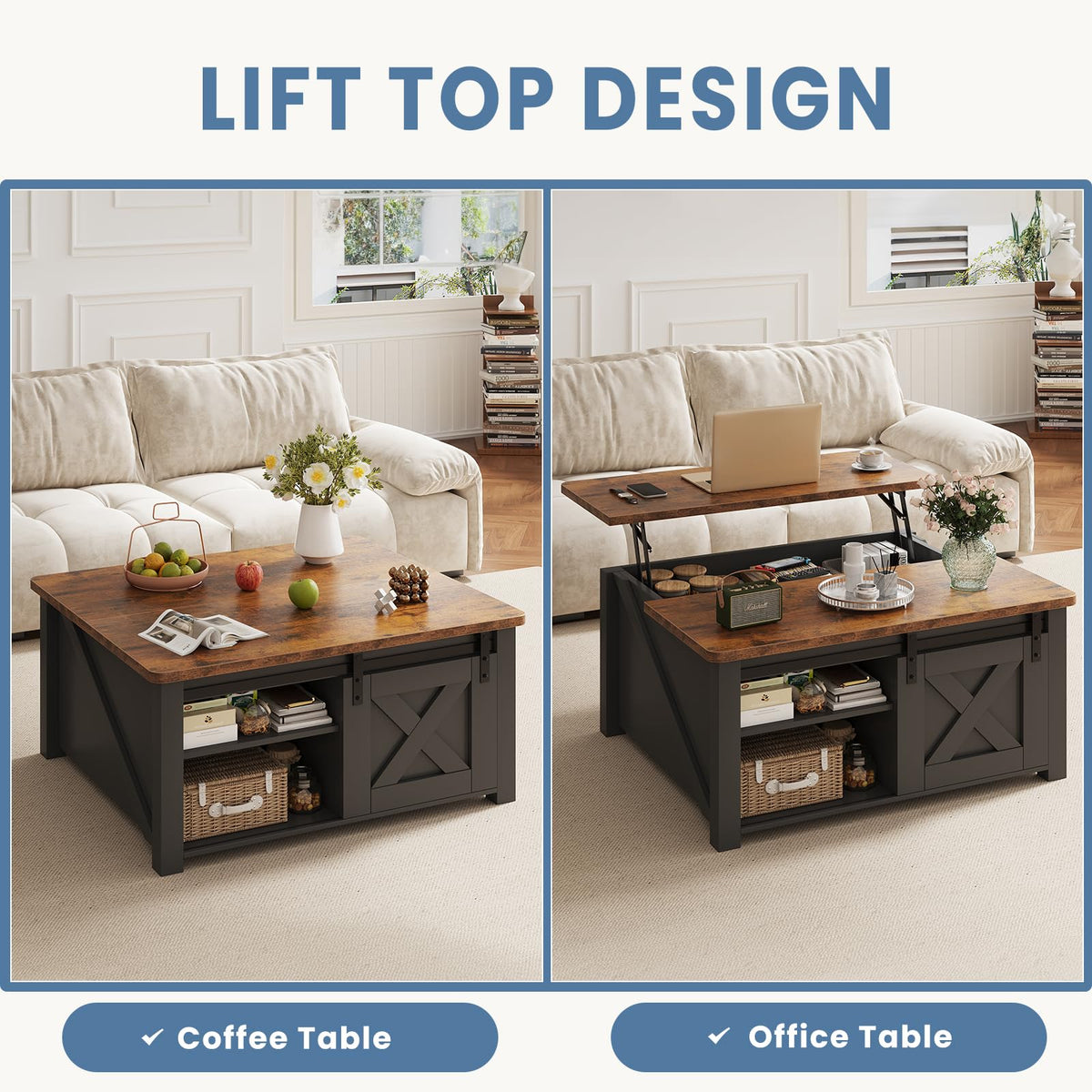 DUMOS Coffee Table, Lift Top Center Table with Storage, Square Living Room Tables with Adjustable Shelves, Modern Wooden Center Coffee Tables with Hidden Storage Compartment for Home, Black