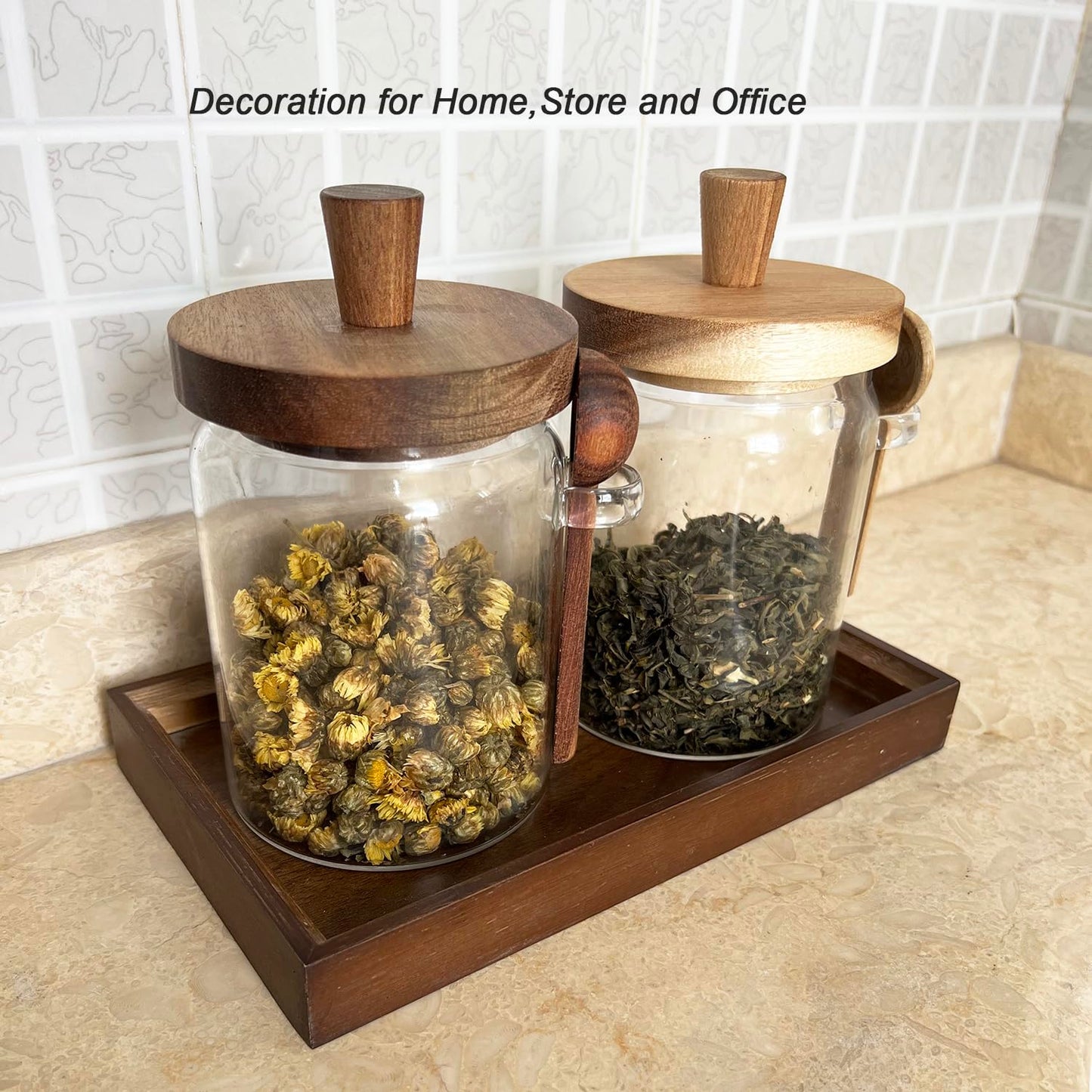 BEECO GIF2U Glass Jars with Brown Wooden Lids and Scoops 20oz 2Pack with Tray, Airtight Food Storage Containers with Tray for Sugar Coffee Bean Candy Spice