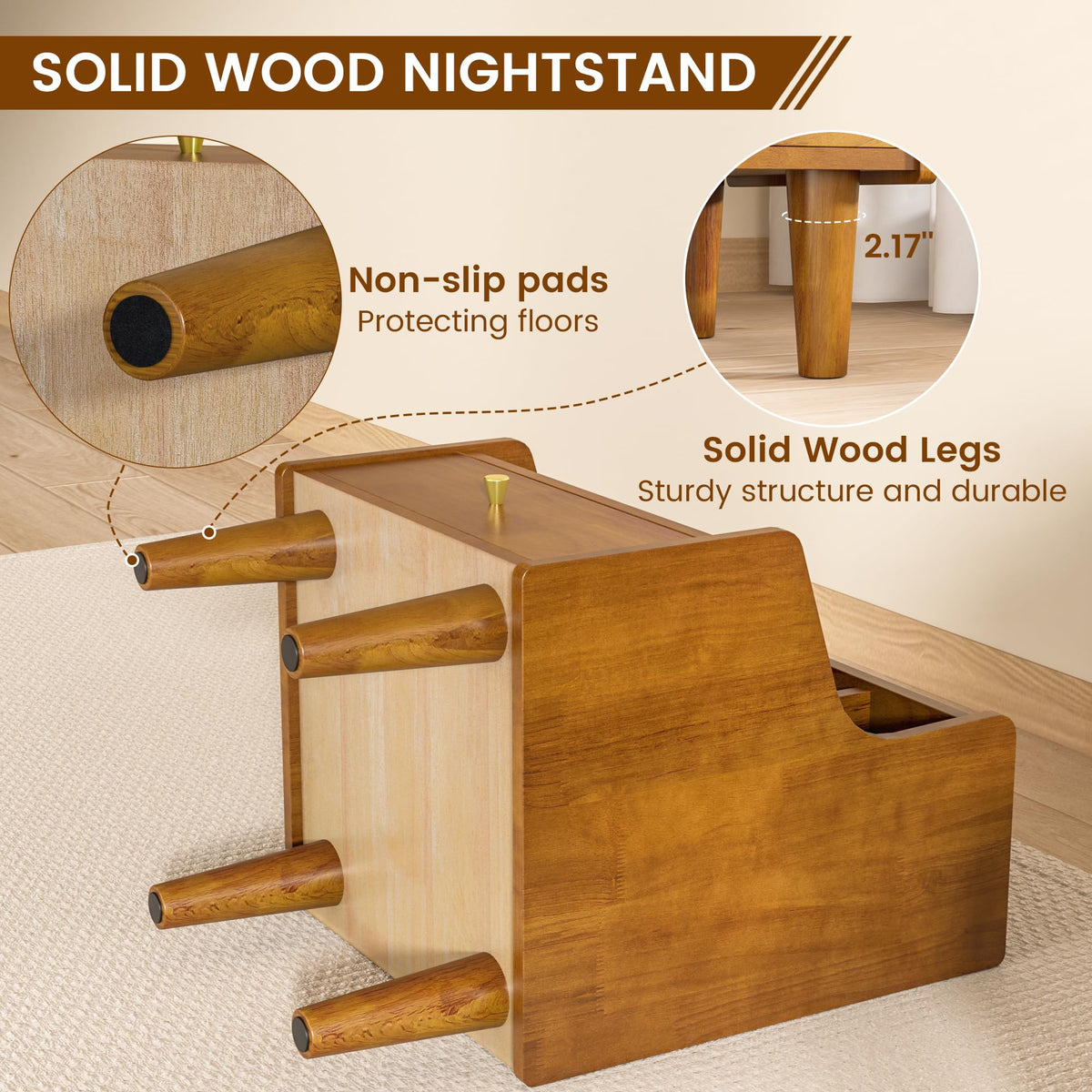 Solid Wood Nightstand, Walnut Bookshelf Nightstand with Open Storage Shelves, Mid Century Modern Night Stand with Drawer, Bedside Table for Bedroom