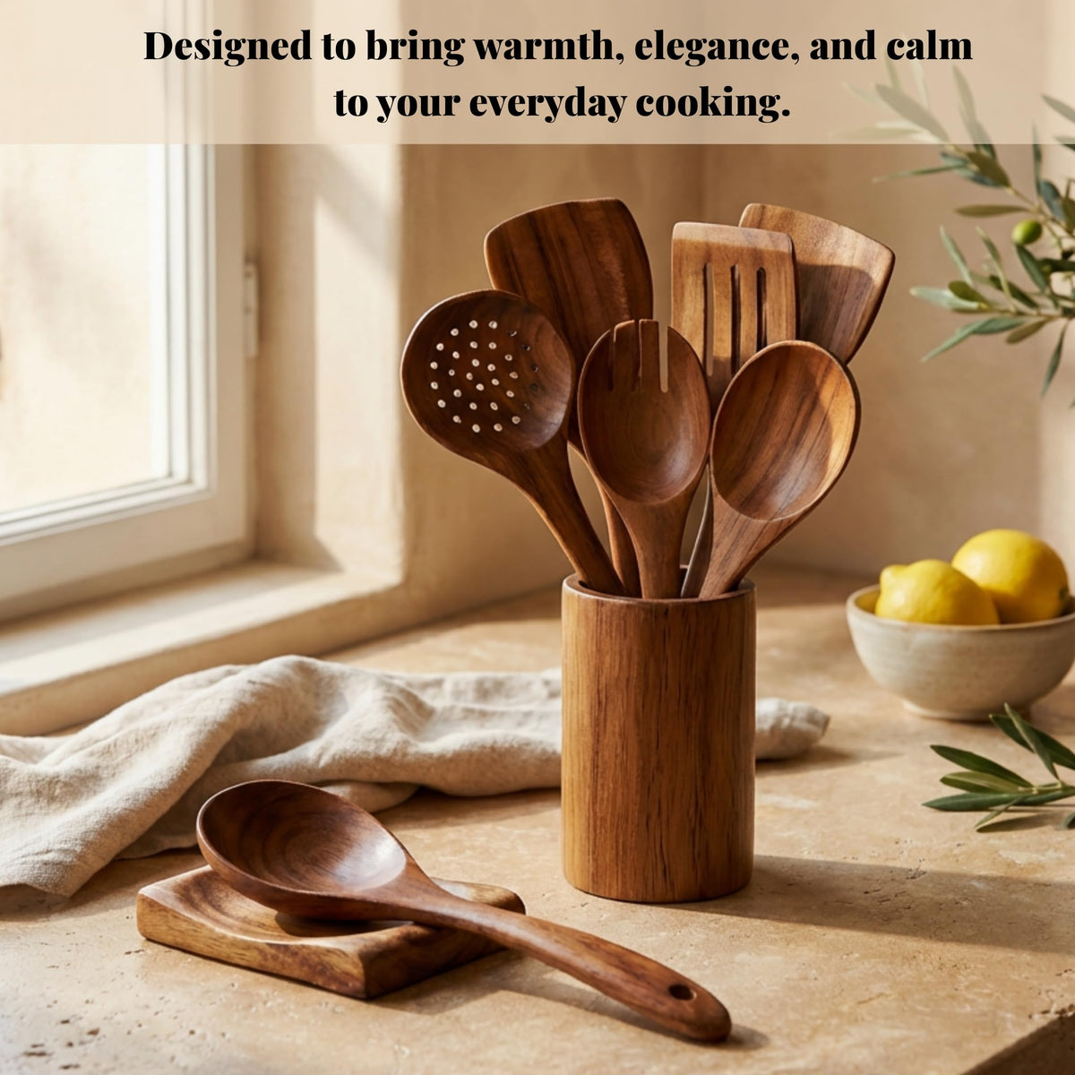 Élevé Natural Teak Wood Cooking & Serving Spoons Set (9-Piece) | Wooden Kitchen Utensils with Holder & Spoon Rest | Non-Stick Safe, Food-Grade, Durable & Elegant Cookware Tools