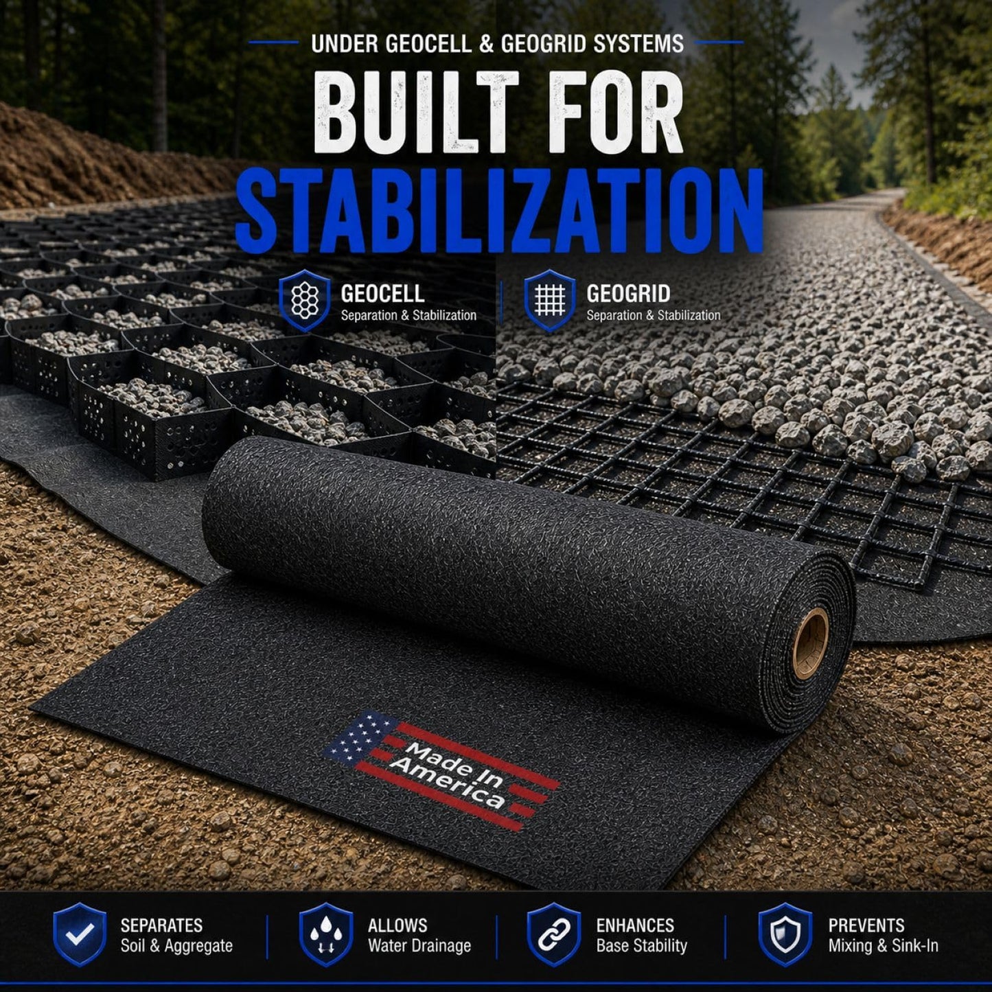 Sandbaggy Geogrid & Geocell Underlayment Fabric | Non-Woven Geotextile (8 oz) – Soil Stabilization for Driveways, Roads & Gravel – Erosion Control for Slopes & Walls | USA Made (6 ft x 100 ft Roll)