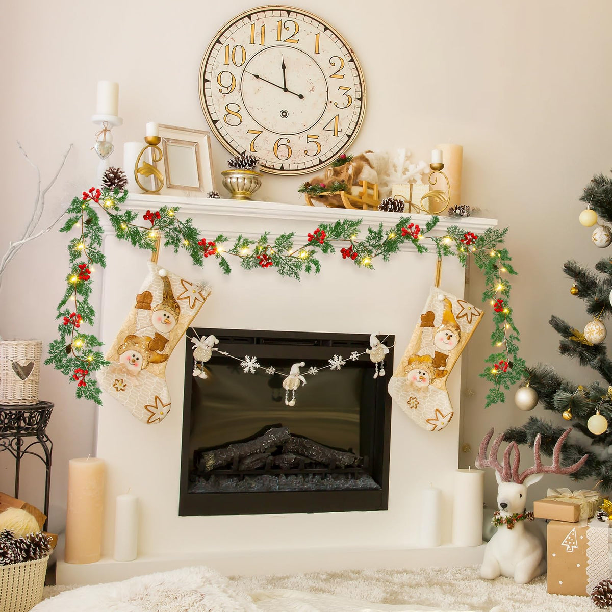 Spiareal 1 Pcs 9 ft Christmas Garland with Light Christmas Lighted Pine Garland Prelit Battery Operated Cedar Pine Cone Red Berry Greenery for Mantle Fireplace Decor