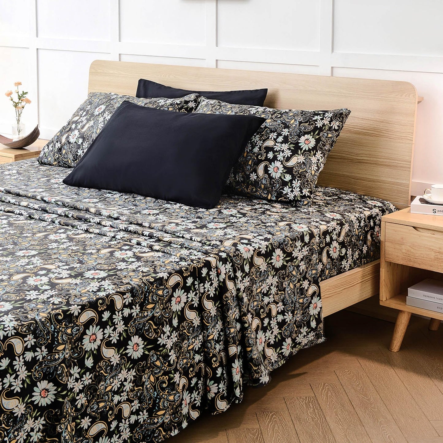 JSD Black Paisley Floral Printed Sheet Set King Size 6 Piece, Soft Pattern Microfiber Bed Sheets Extra Deep Pocket