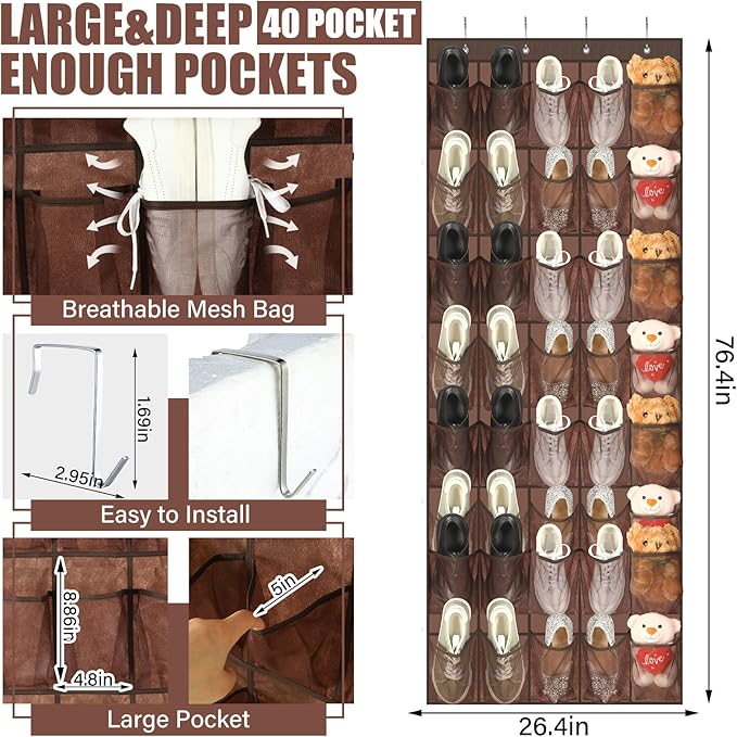 Windyun 40 Over the Door Shoe Organizer Large Breathable Mesh Pockets Hanging