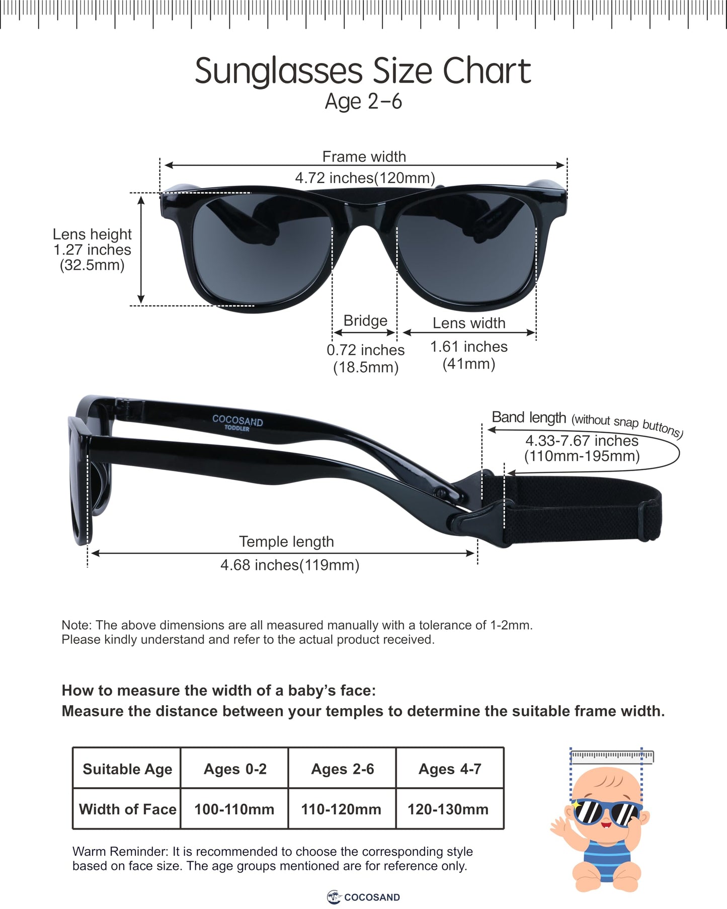 COCOSAND Toddler Baby Sunglasses with Strap Polarized Flexible Square Frame UV400 Protection for Kids Girl Boy Age 2-6, Black
