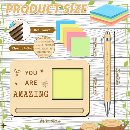 Kosiz 10 Set Employee Team Appreciation Gifts Bulk Wooden Motivational Sticky Note Holder with Notes and Ballpoint Pens Thank You Appreciation Gifts for Staff Employee Office Supplies