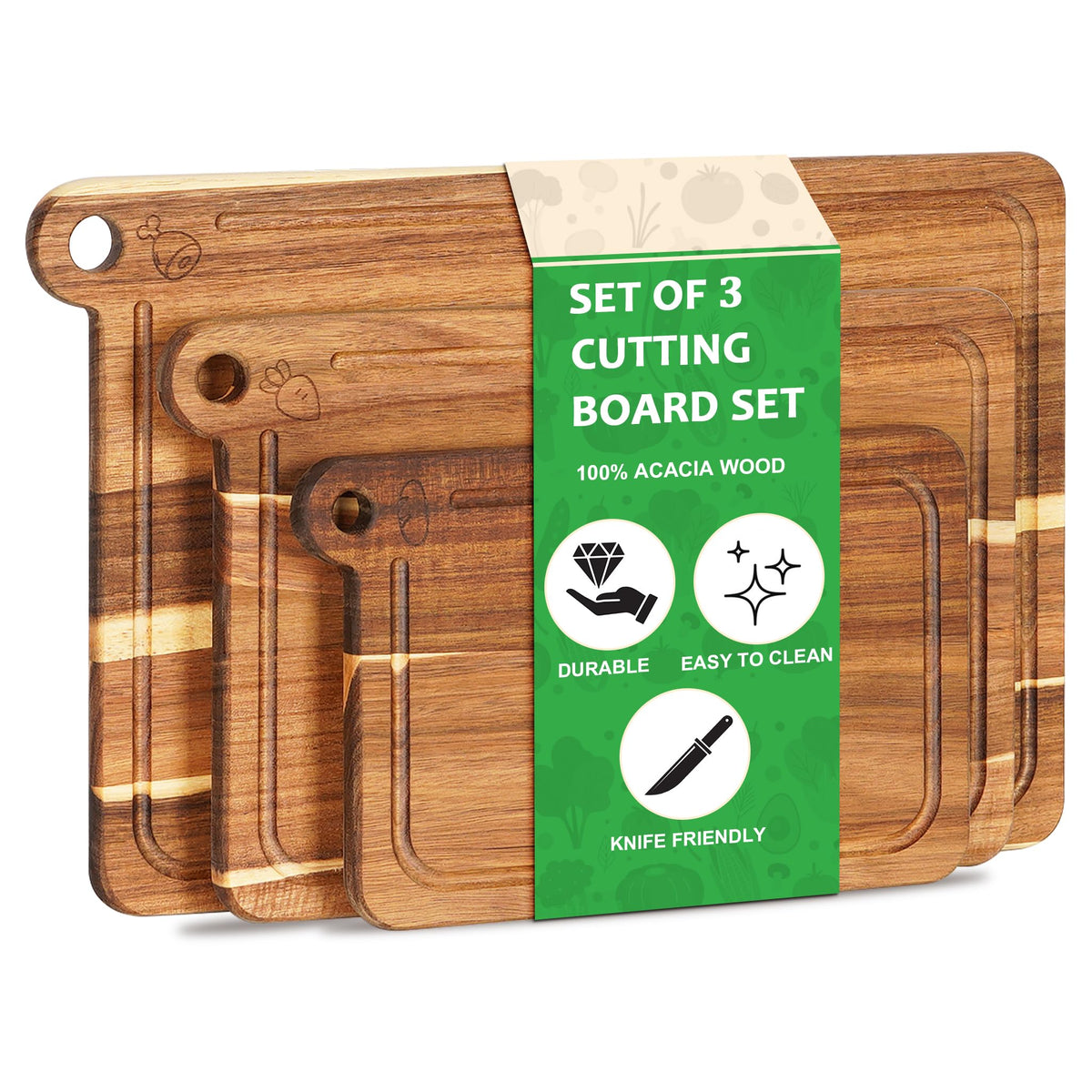 3 Pack Cutting Board Set, Acacia Wood Cutting Boards for Kitchen, Chopping Board with Deep Juice Grooves & Built-in Handle, Charcuterie & Chopping for Meat, Vegetables and Cheese