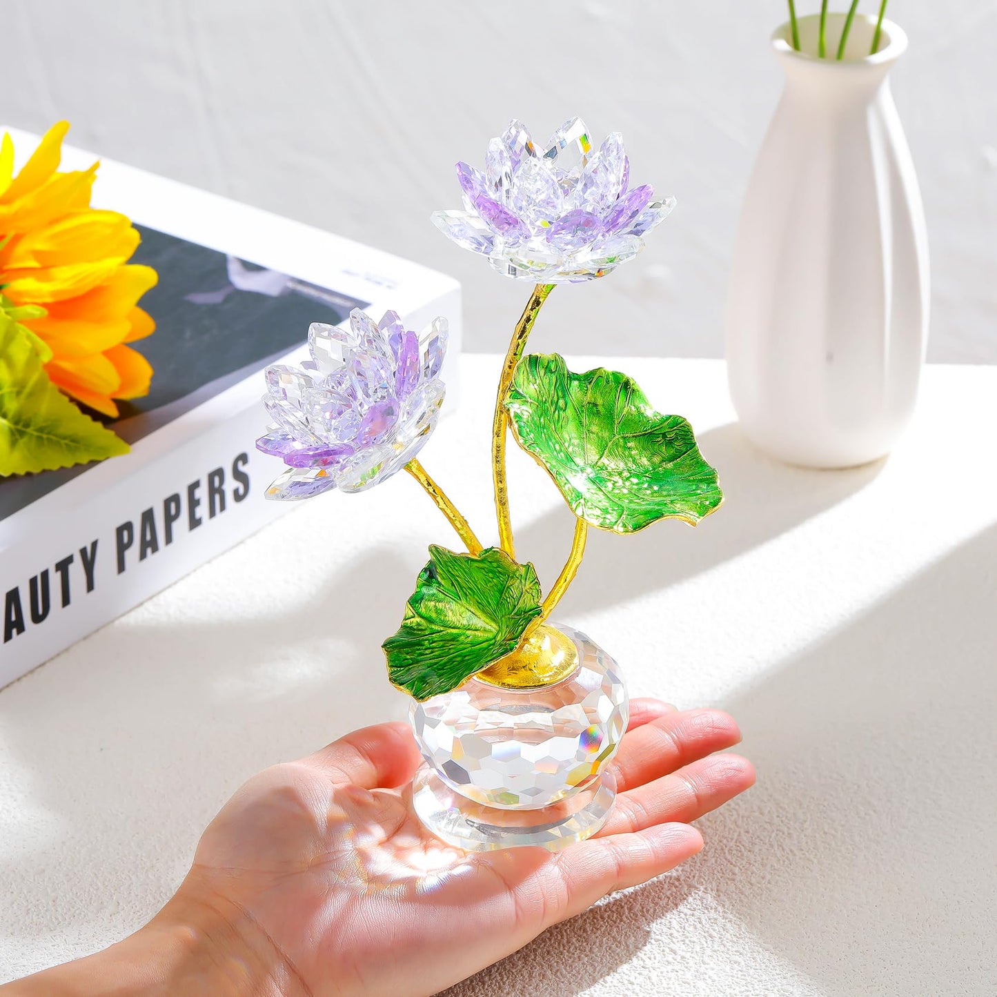 YWHL Purple Crystal Lotus Flower Figurine with Vase, Handmade Lotus Gifts Bouquet for Women on Birthday Christmas Mother's Day, Glass Lotus Flower Home Party Office Decor