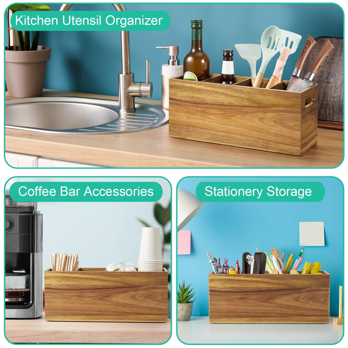 ALELION Acacia Wood Utensil Holder with Removable Divider - 4 Compartment Wooden Utensil Caddy Organizer for Kitchen Counter - Cooking Utensil Crock for Countertop