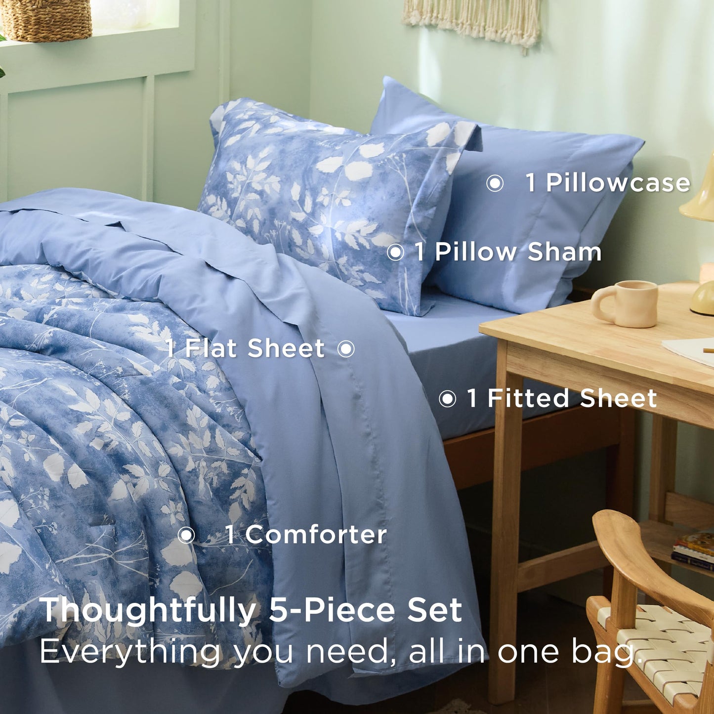 Bedsure Blue Twin XL Comforter Set - 5 Pieces Floral Bedding Sets Twin XL Bed in a Bag with Reversible Botanical Flowers Comforter, Sheets, Pillowcase & Sham