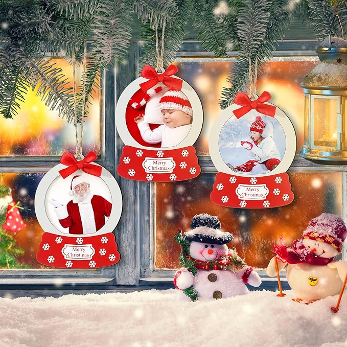 Blulu 24 Pcs Christmas Snowball Picture Ornament Bulk Snowflake Wooden Photo Frame Ornaments Christmas Hanging Ornaments for Tree Stockings Decorations