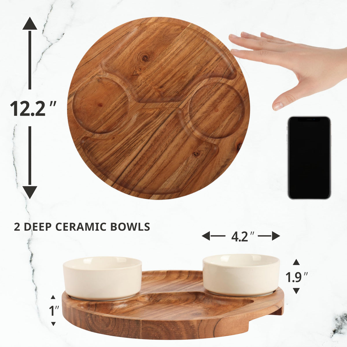 Culina Craftique 11" Wooden Salad Bowl Set — Bundle with 12.2" Chip and Dip Serving Platter — Durable Hosting Essential For Home — Ideal Gift — Includes Serving Utensils and 2 Ceramic Bowls