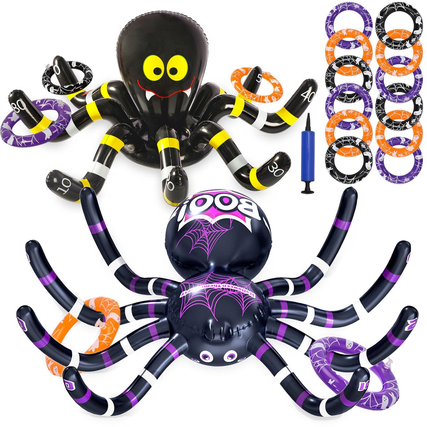 Max Fun Halloween Ring Toss Games for Kids, 2 Pack Inflatable Spiders Set Halloween Party Favor Supplies Holiday Carnival School Decoration Outdoor Indoor Spooky Creepy Game