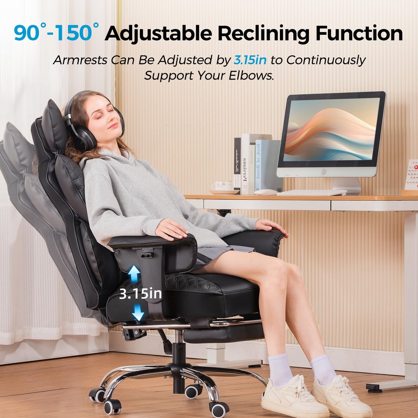 COMHOMA Big and Tall Office Chair Heavy Duty Wide Ergonomic Gaming Chair with Deluxe Embossing Designed Leather with Foot Rest,150°Reclining Adjustable Armrests Pocket Spring Back Support and Pillow