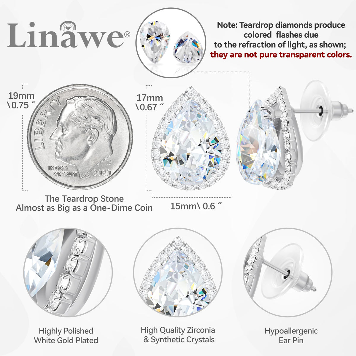 Linawe Silver Stud Earrings for Women Wedding, Cartilage Earrings Studs Imitation Diamond Moissanite Cubic Zirconia Earrings, Teardrop Rhinestone Crystal Piercing Jewelry Iridescent
