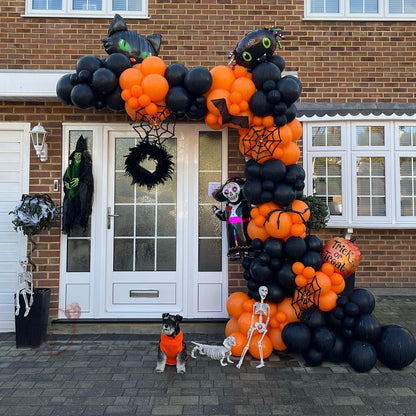 ADOINBY Halloween Balloon Garland Arch Kit, 144Pcs Different Sizes inch Black and Orange Eye Confetti Balloons Party Balloon Garland Kit for Halloween Day Theme Haunted House Party Decoration Supplies