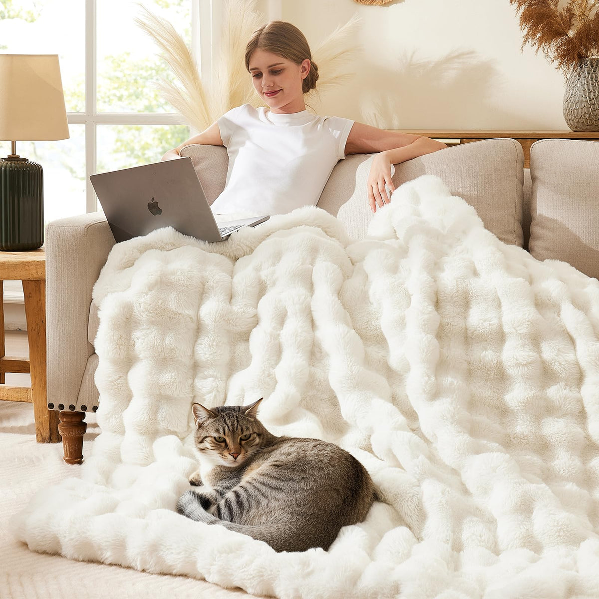 L'AGRATY Faux Fur Throw Blanket: 50" x 60" Luxury Soft Fluffy Thick Rabbit Fur Blankets for Couch Bed Sofa - Cozy Plush Bubble Blankets for Winter: Warm Flannel Fleece Decorative Blanket(Cream White)
