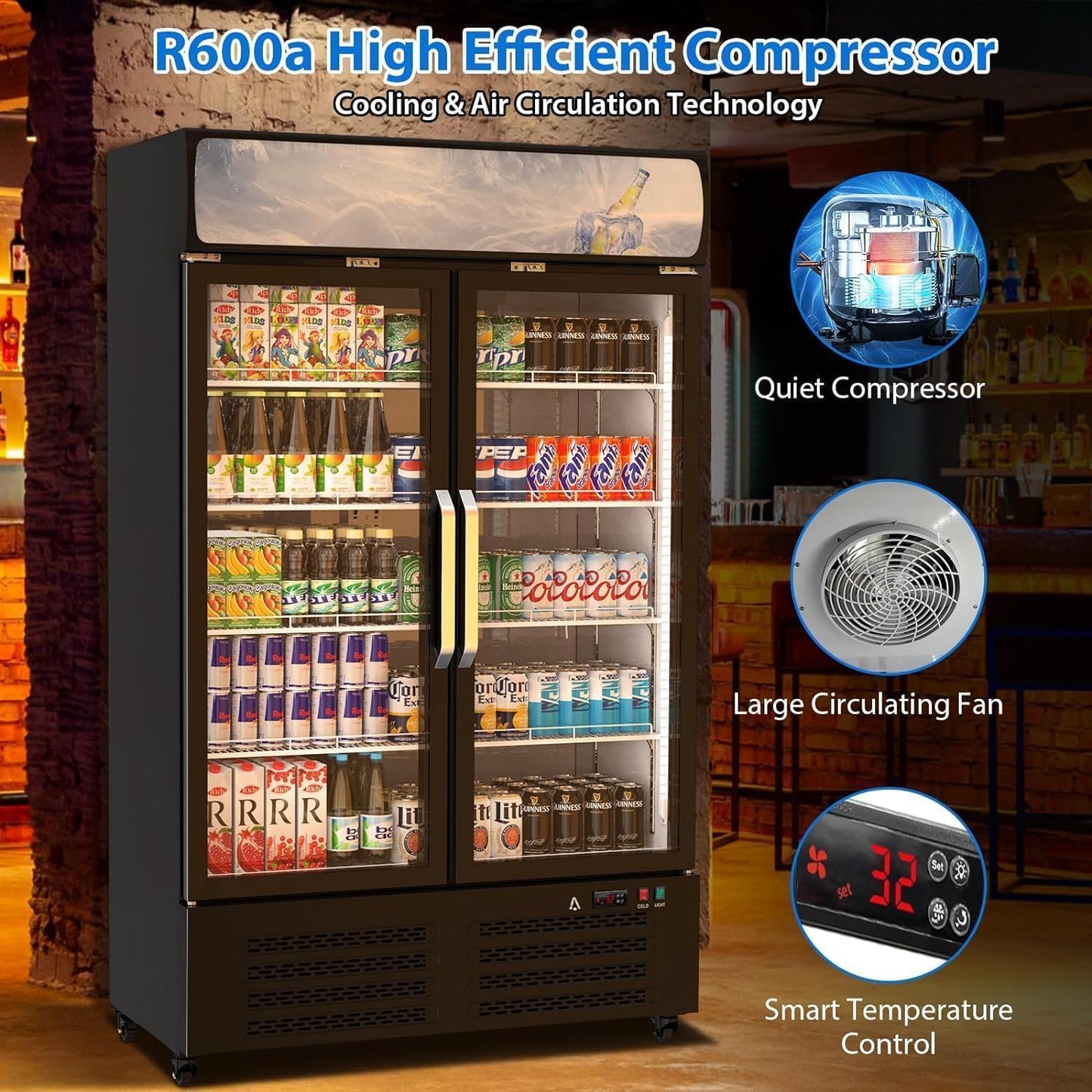 Commercial Refrigerator, 25.3 Cu Ft Commercial Merchandiser Refrigerator, Upright Beverage Display Cooler with 2 Glass Door and LED Light, Large Business Cooler for Home Restaurant Grocery Stores