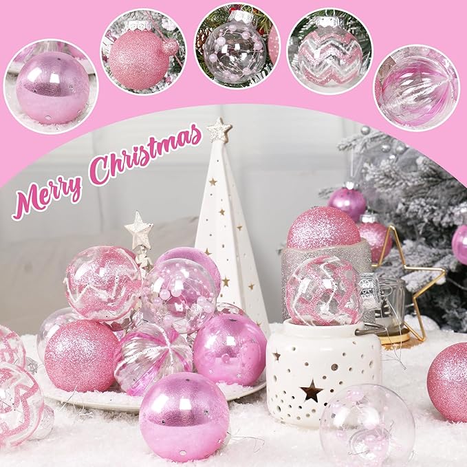 SY Super Bang 30PCS Pink Christmas Ornaments Set, 60MM/2.36" Clear Plastic Shatterproof Ball Ornaments for Christmas Tree Hanging Decorations, for Home Holiday Party Xmas Decor.