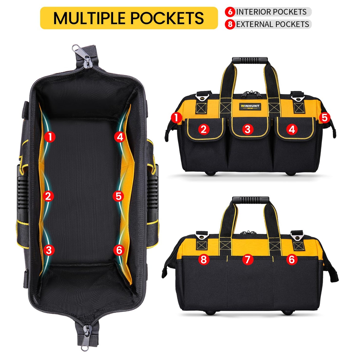WINHUNT Heavy Duty Tool Bag with Adjustable Shoulder Strap, Waterproof Wide Open Mouth Tools Storage Organiser, 15 Inch, Yellow