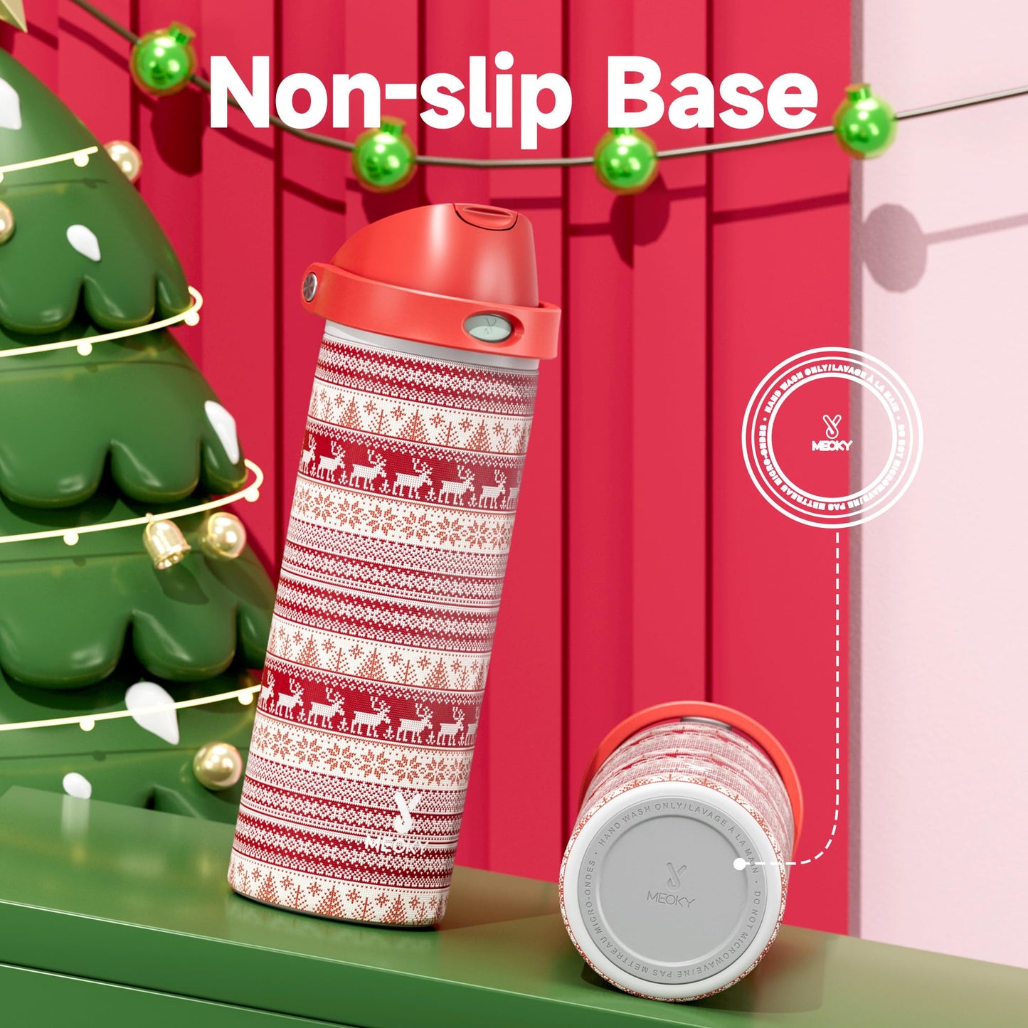 24 oz Insulated Water Bottle for Christmas: Meoky Stainless Steel Water Bottle with Straw and Spout Lid - Leak Proof, Cold for 24 Hours, Fits in Car Cup Holder, Christmas Gifts for Adults, Merry Trio