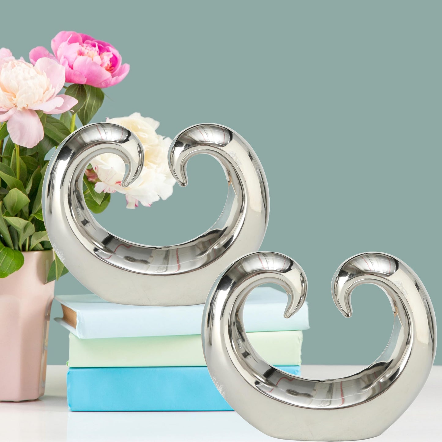 WHW Whole House Worlds Eternity Double Curled Wave Sculpture, Set of 2, Modern Art, Silver Titanium Glazed Ceramic Stoneware, 8 1/4 Inches, Abstract Table Top Accent
