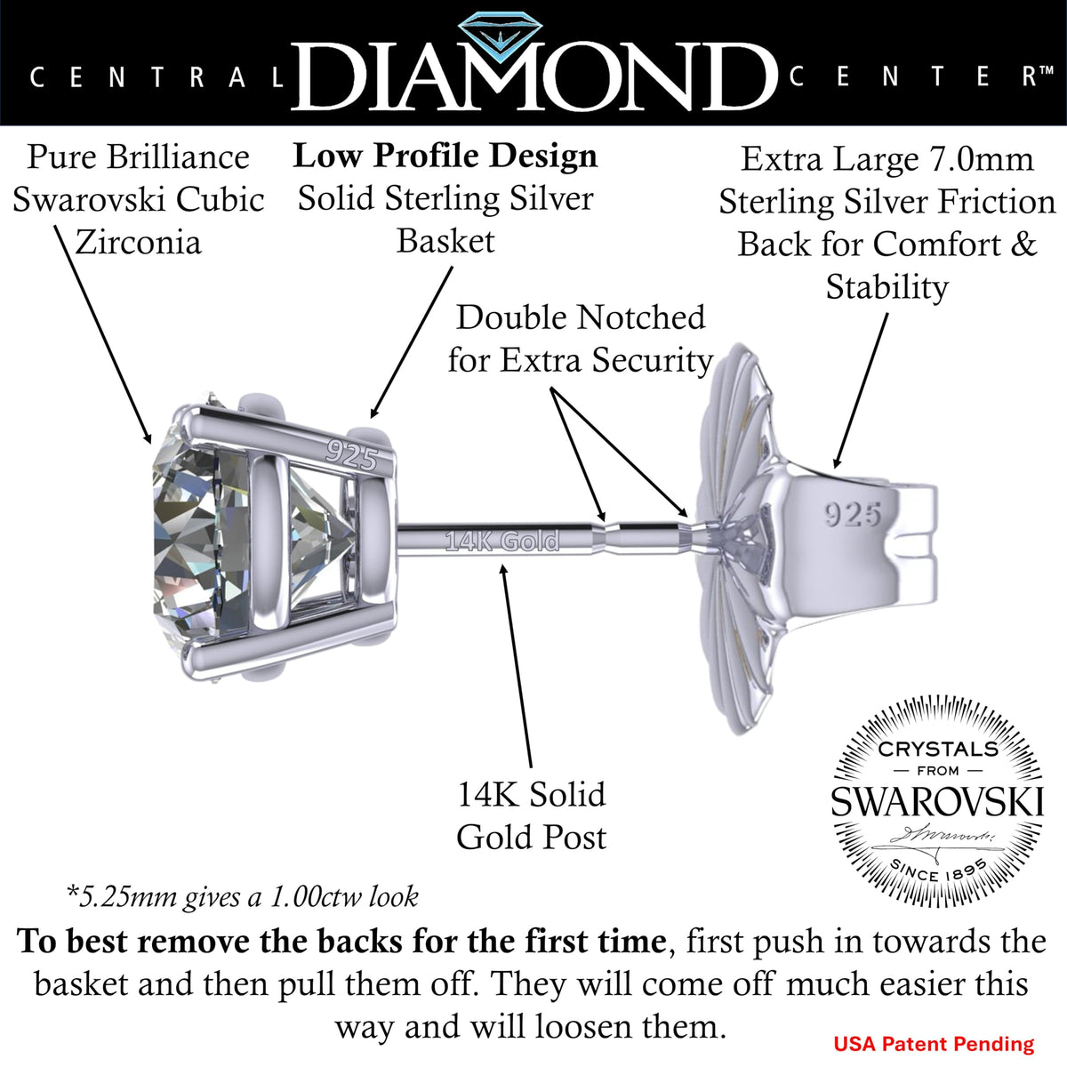 Central Diamond Center 14K Solid Gold Post & Sterling Silver Made with Swarovski 4 Prong CZ Stud Earrings - Platinum Plated - 5.25mm - 1.00cttw
