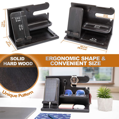 TESLYAR Wood Phone Docking Station for Men - Desk or Nightstand Organizer - Birthday Gifts for Husband, Dad - Anniversary Idea from Wife - Key Holder, Stand Wallet, Watch & Essentials (Granite Black)
