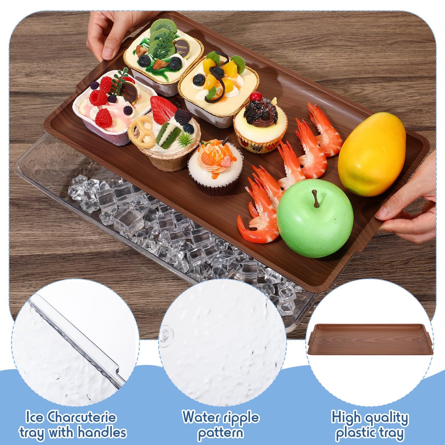 Baderke 2 Set 16" x 9" Plastic Chilled Serving Tray for Parties with Compartments Ice Chilled Party Platter Charcuterie Serving Board Cold Dish Dip for Fruit Seafood Vegetable Appetizer (Dark Wood)