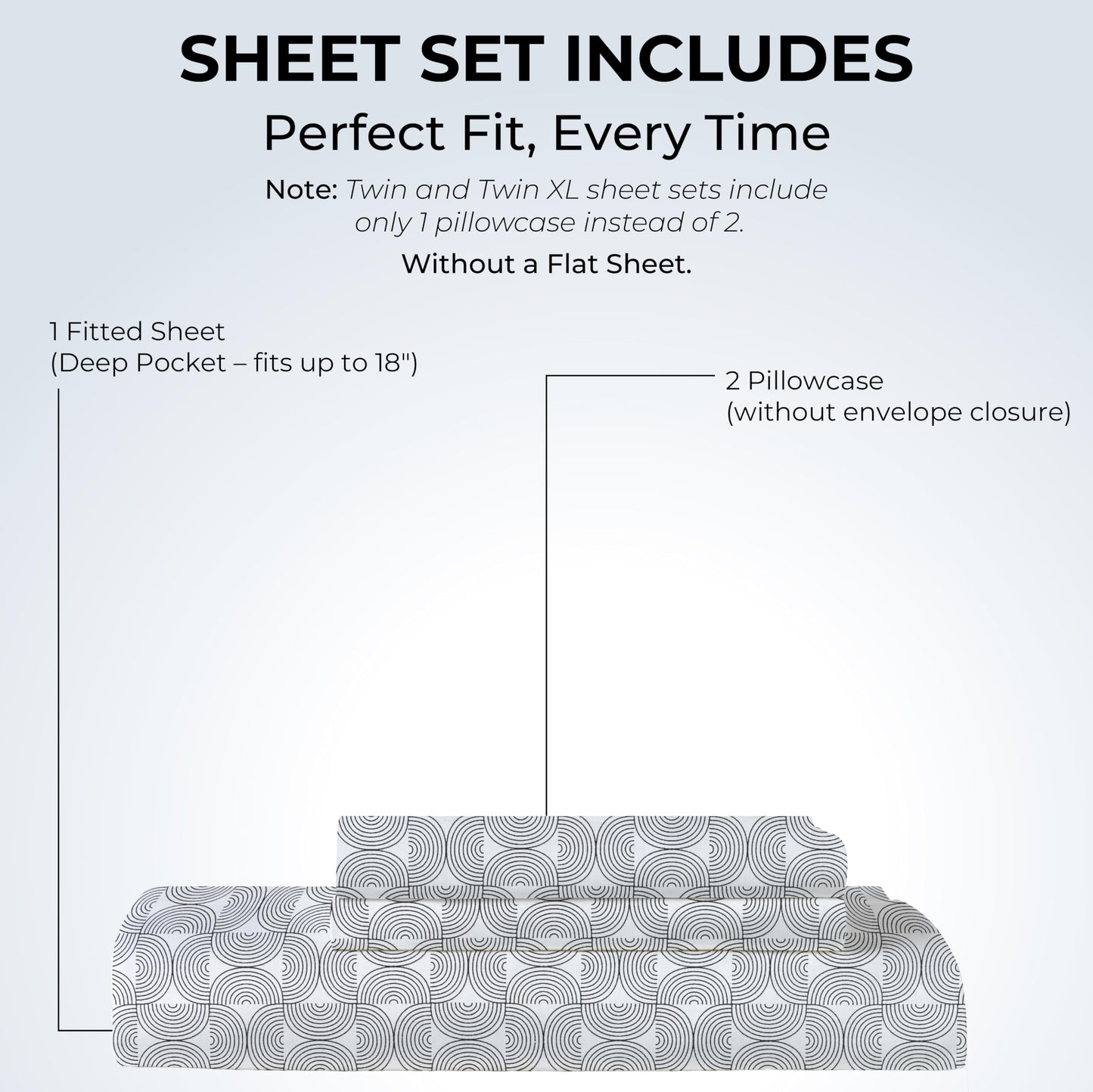 Mayil Manor Queen Size Fitted Sheet with 18" Deep Pockets, No Flat - Percale Weave Natural - Breathable 100% Cotton Printed Bedding, 1 Fitted Sheet + 2 Pillowcases - Semi Circle Print
