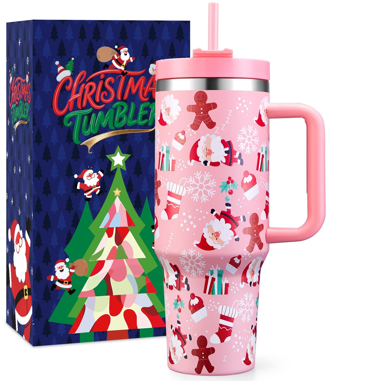TaroKitc Christmas Gifts for Women Men, 40 oz Christmas Tumbler with Handle and Straw Lid, Xmas Insulated Stainless Steel Travel Coffee Mug, Cup Holder Friendly, Pink Santa and Gingerbread Man