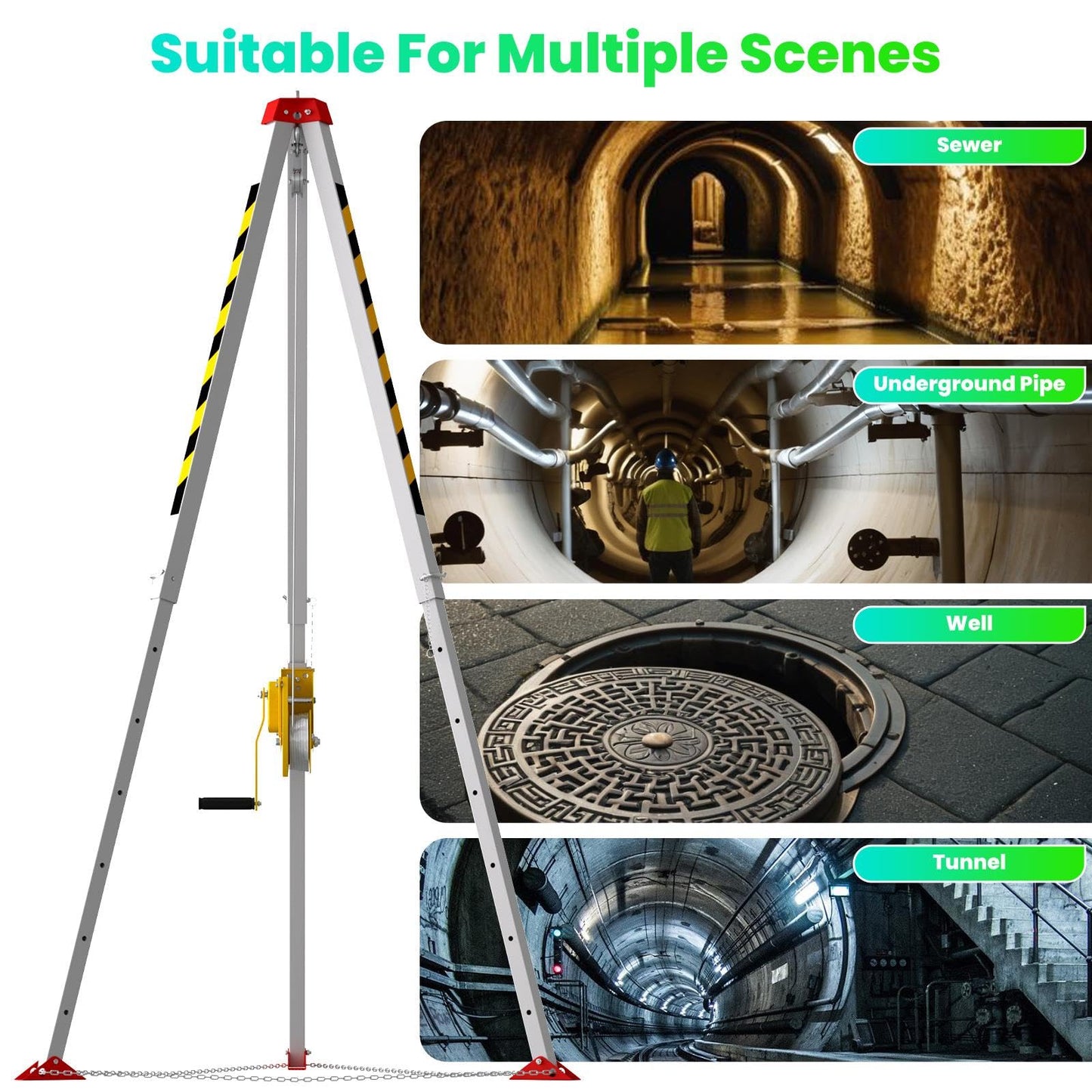 Heavy Duty 2600LBS Confined Space Tripod Kit, Rescue Tripod and Winch with 98FT Steel Cable, Tripod Lifting Hoist & Retrieval System, 4.4-7.1ft Adjustable Legs for Manhole Sewer Rescue