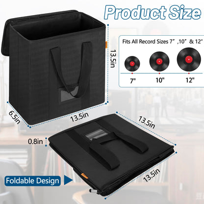 IBVIVIC Vinyl Record Storage Box with Lids and Handle Vinyl Album Storage Case Bag for 7/10/12 inch LP, Collapsible Crate Holds up 50+ Single Record (Black)