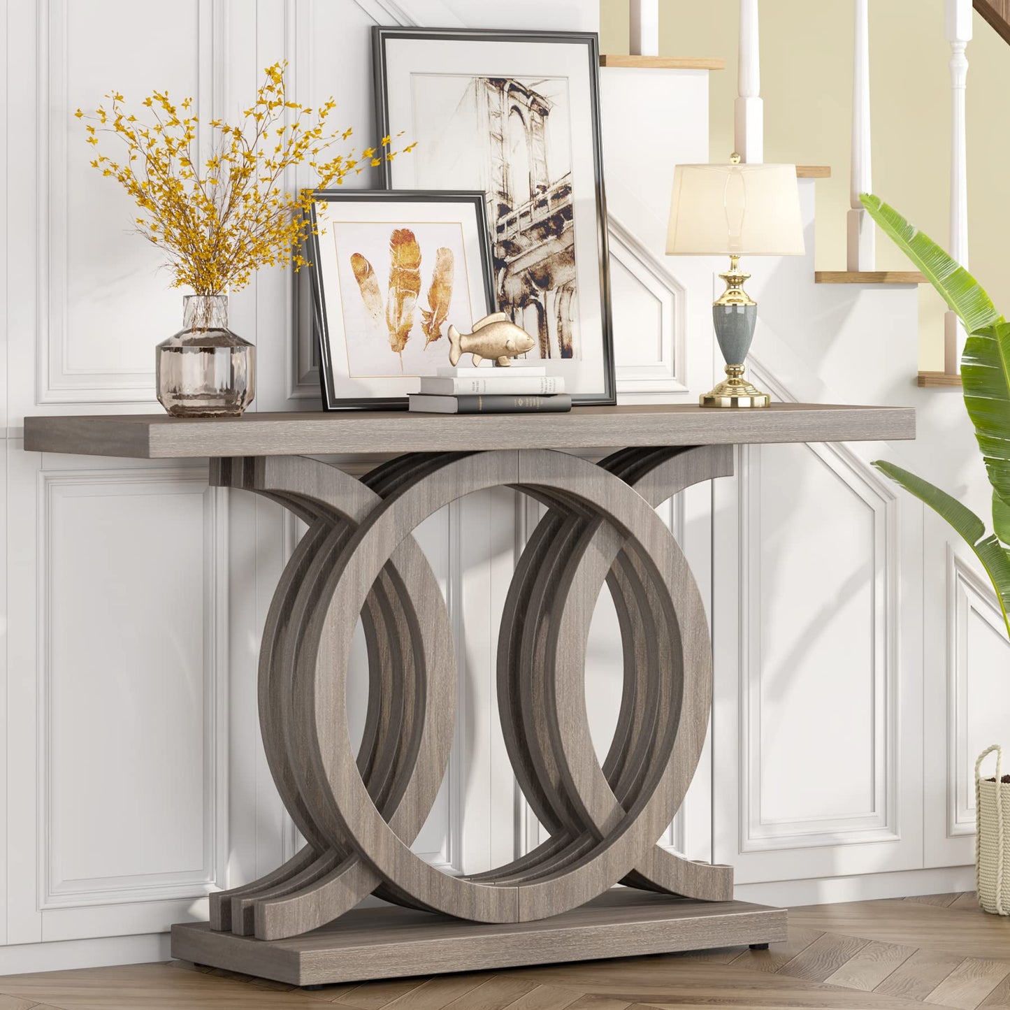 Tribesigns 55 inches Console Table with Geometric Base, Farmhouse Hallway Table, Wooden Entryway Sofa Table, Unique Long Accent Table for Decoration and Organization (Grey)