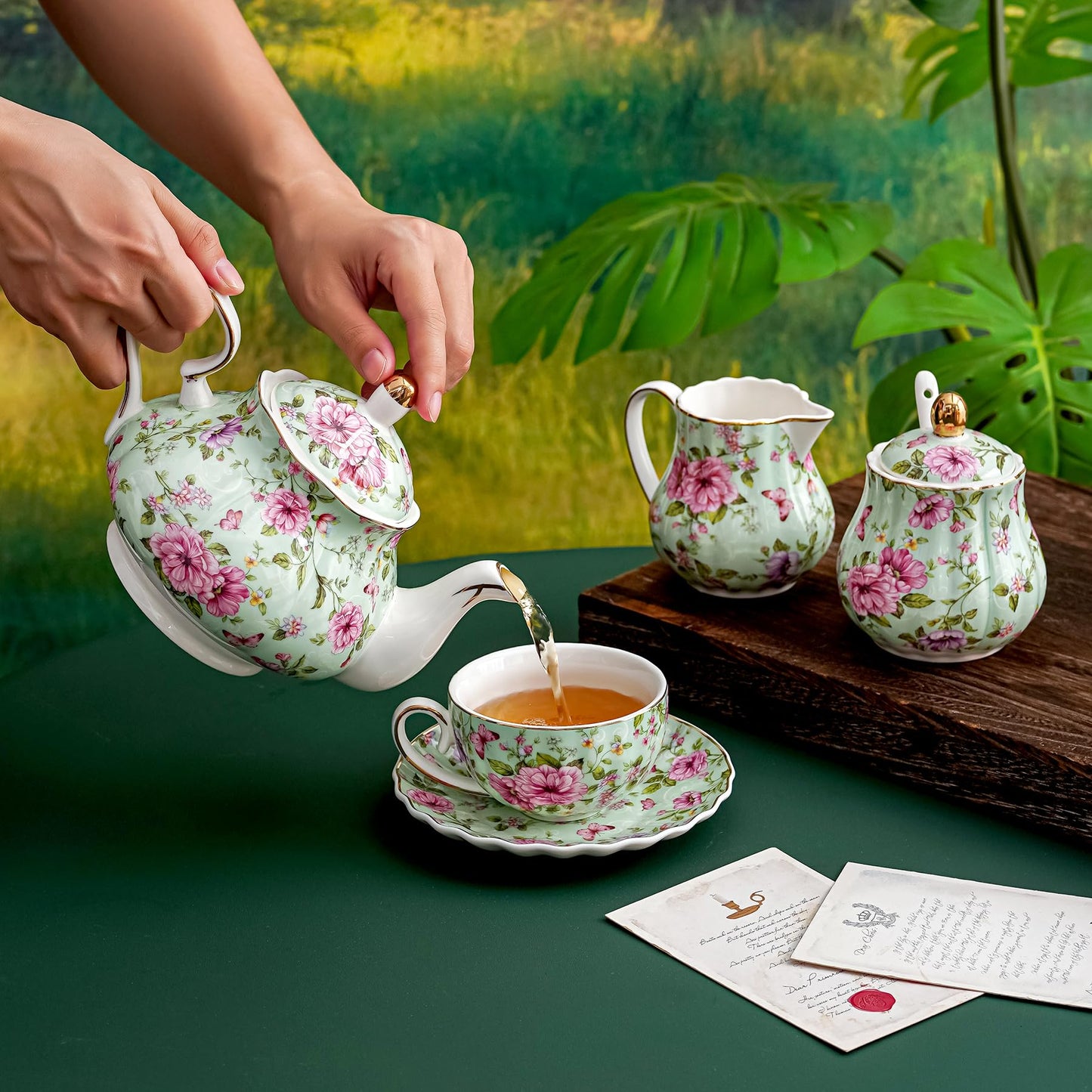 Agyiuns Ceramic Sugar and Creamer Set, 3 Piece Set with Cream Pitcher, Sugar Bowl, Sugar Set with Lid and Spoon (Green)