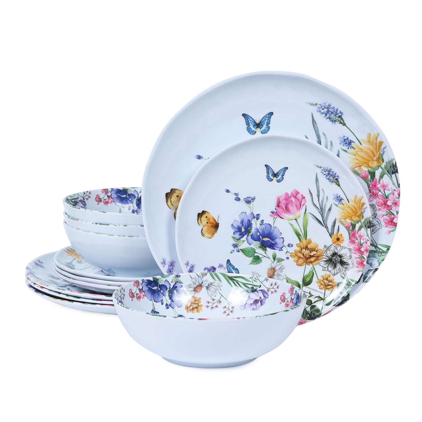 Lechoo 12 Piece Melamine Dinnerware Sets - Plates And Bowls Sets Floral Dinnerware Sets- Spring Camping Dishs Indoor Outdoor Use,Flowers And Butterflies Pattern