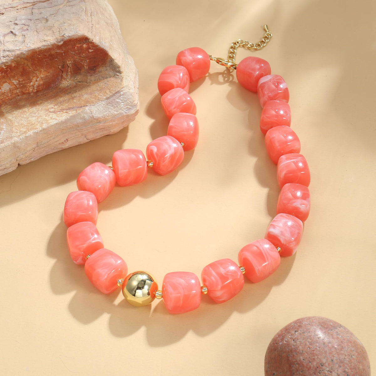 BREPINE Watermelon Red Pink Chunky Necklaces for Women Multicolored Large Square Resin Beads Necklace Trendy Bold Statement Beaded Summer Candy jelly Vacation Choker