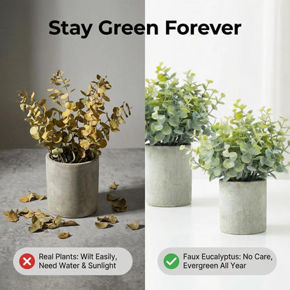 HappyFiller 2PCS Small Fake Eucalyptus Potted Artificial Plants Indoor Outdoor for Shelf,Home,Living Room, Bathroom,Kitchen,Coffee Table Decor