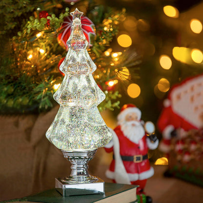 LED Light Liquid Motion Glitter Christmas Tree | 14 Inches Tall | Premium Ornament | Water Globe | Battery Operated | Tabletop Sparkling Silver for Holiday Home and Office Decor