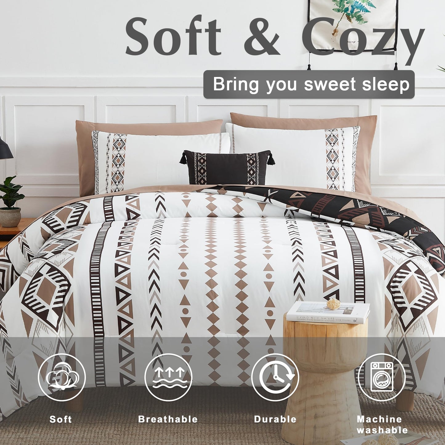 Geniospin Queen Comforter Set - 7 Pieces Reversible Bedding Set, Western Bed in A Bag, Lightweight Soft Aztec Bedding, All Season Bed Comforter Set with Sheets, Pillowcases & Shams