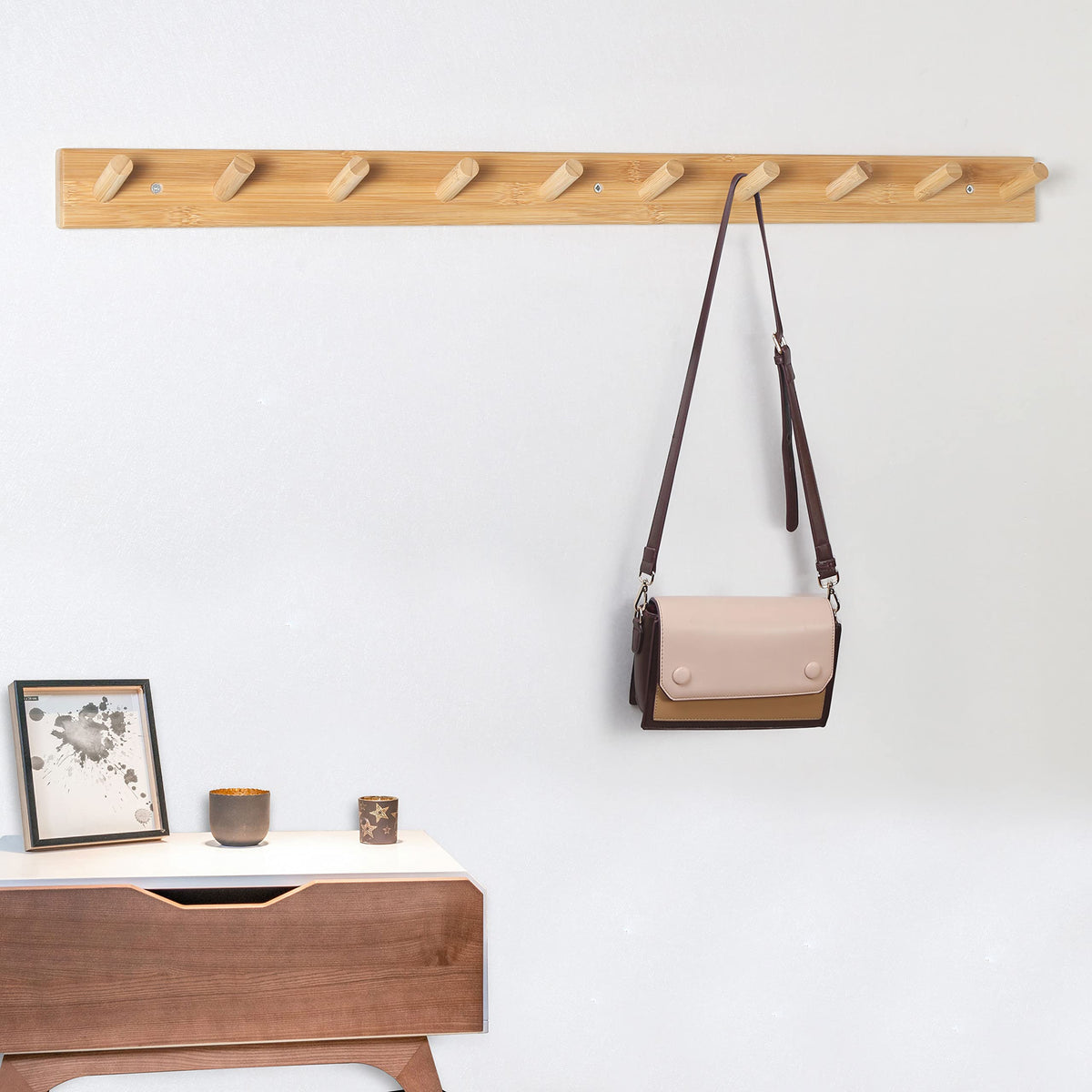 SKOLOO Wood Coat Rack Wall Mounted,10 Peg Long Bamboo Hook for Hanging Backpack Coat Towel Hat,16'' Hole to Hole,Natural