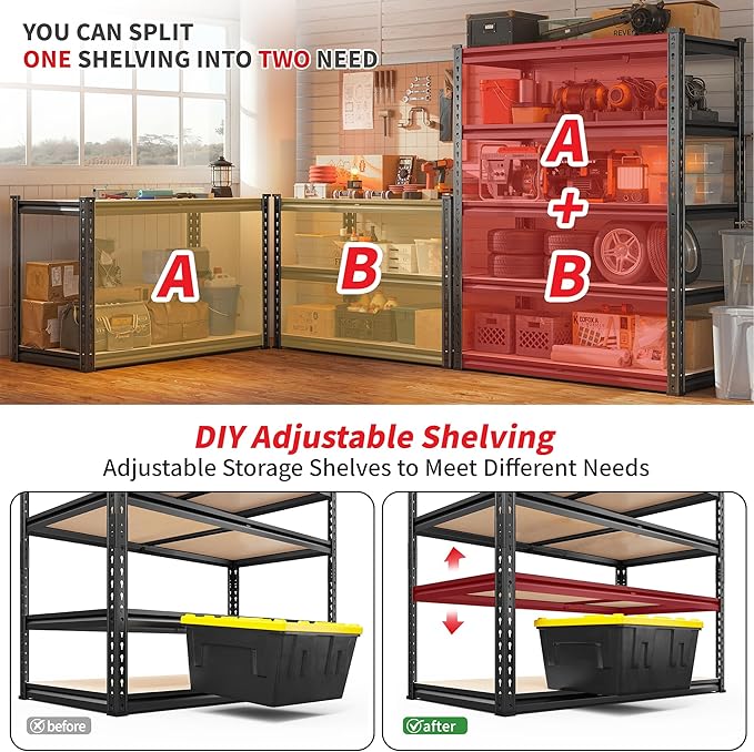 REIBII 2400LBS Storage Shelves 5 Tier Garage Shelving Heavy Duty, Adjustable Metal Shelving, Garage Shelves for Basement, Warehouse, Pantry, Closet, Kitchen 72" H x 35.55" W x 16" D, Black, 3 Pack