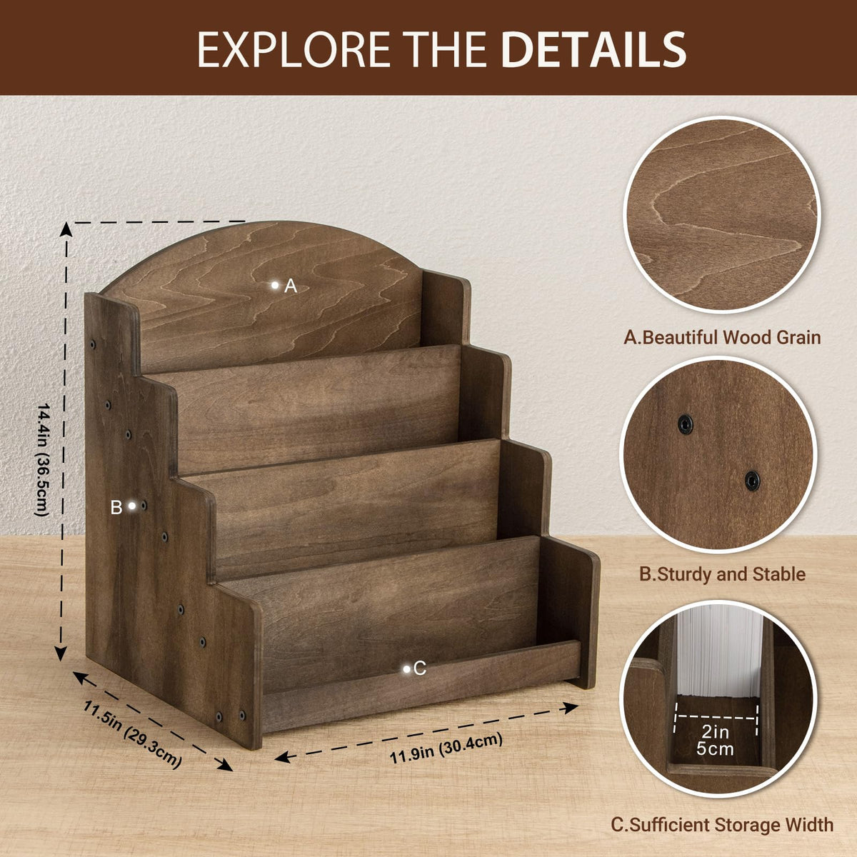 PUERSI Greeting Card Display Stand, Wooden 4-Tier Postcard Display Stand Holder for Sticker, Vendors, Retail Stores, Brown