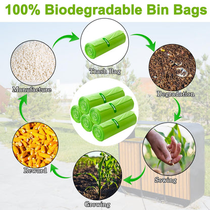 30 Litre Bin Liners 100 Bags, Biodegradable Food Waste Garbage Bags, 30L Strong Compostable Trash Caddy Liners, Recycling Degradable Rubbish Bag for Kitchen Bathroom Garden Office, Green, 60 x 65cm