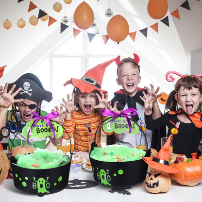Soulchen 4 Pcs Halloween Boo Bucket Decoration Trick or Treat Gift Basket with 4 Spooky Boo Candy Bucket with Green Spider Silk Cotton Ghost Boos Sticker Card Ribbon for Halloween Party Decoration
