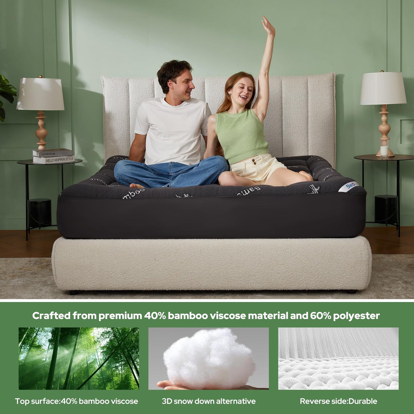 BEDLORE Full Size Mattress Topper Viscose Derived from Bamboo, Thick Pillow Top Mattress Pad with Stretchable Pockets for 6"-15" Mattress, Breathable Mattress Topper for Back Pain Relief(Dark Gray)