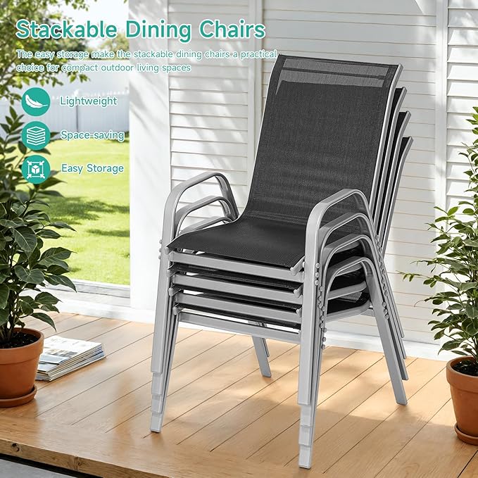 Patio Chairs Set of 2, Easily Set Up Stackable Outdoor Dining Chairs with High Back and Wide Seat, All Weather Breathable Outdoor Chairs Set of 2 with Metal Frame for Backyard Deck Pool, Black