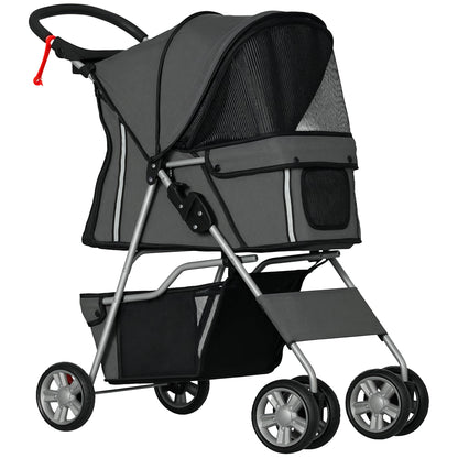 PawHut Pet Stroller for Small Miniature Dogs Cats Foldable Travel Carriage with Wheels Zipper Entry Cup Holder Storage Basket Grey